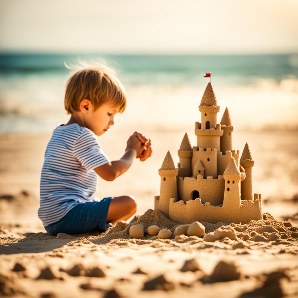 Child and Fairy Sandcastle on Beach, Bokeh