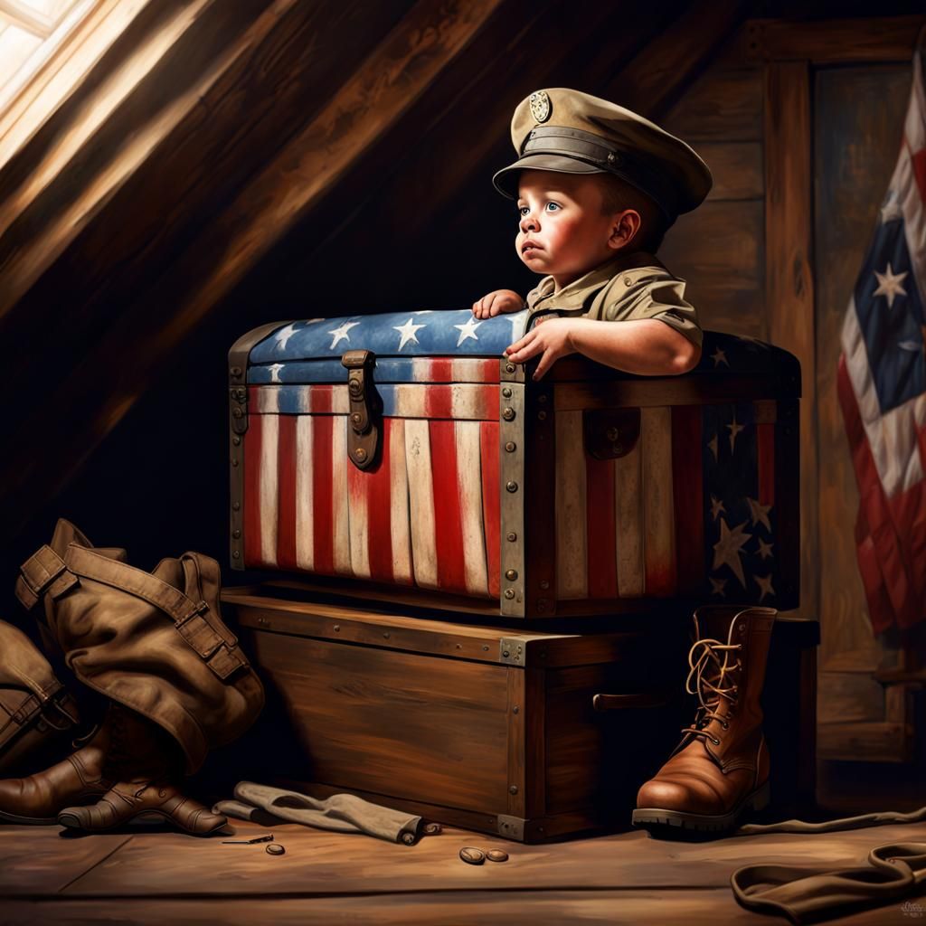 Wartime chest in attic showing American flag, little toddler in military uniform and hat and boots that are too big