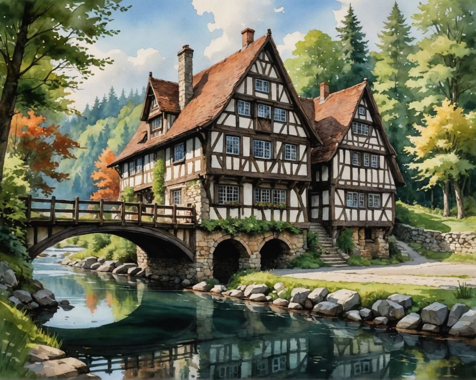 Watercolor House on River with Stone Bridge