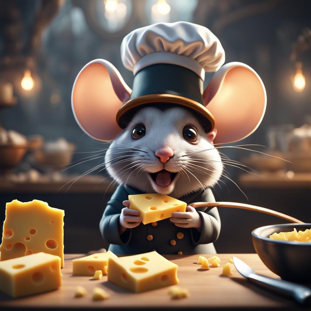 Kawaii Mouse Chef Enjoys Cheese Feast