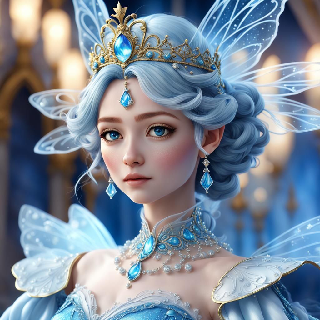 Anime Fairy Queen in Cloud-Blue Dress, 3D Fantasy Art