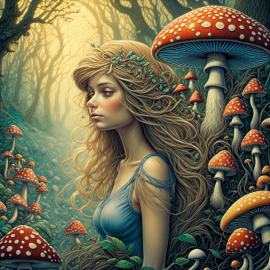 a female with mushrooms for hair and on her body <lora:FarOut:1.0>
