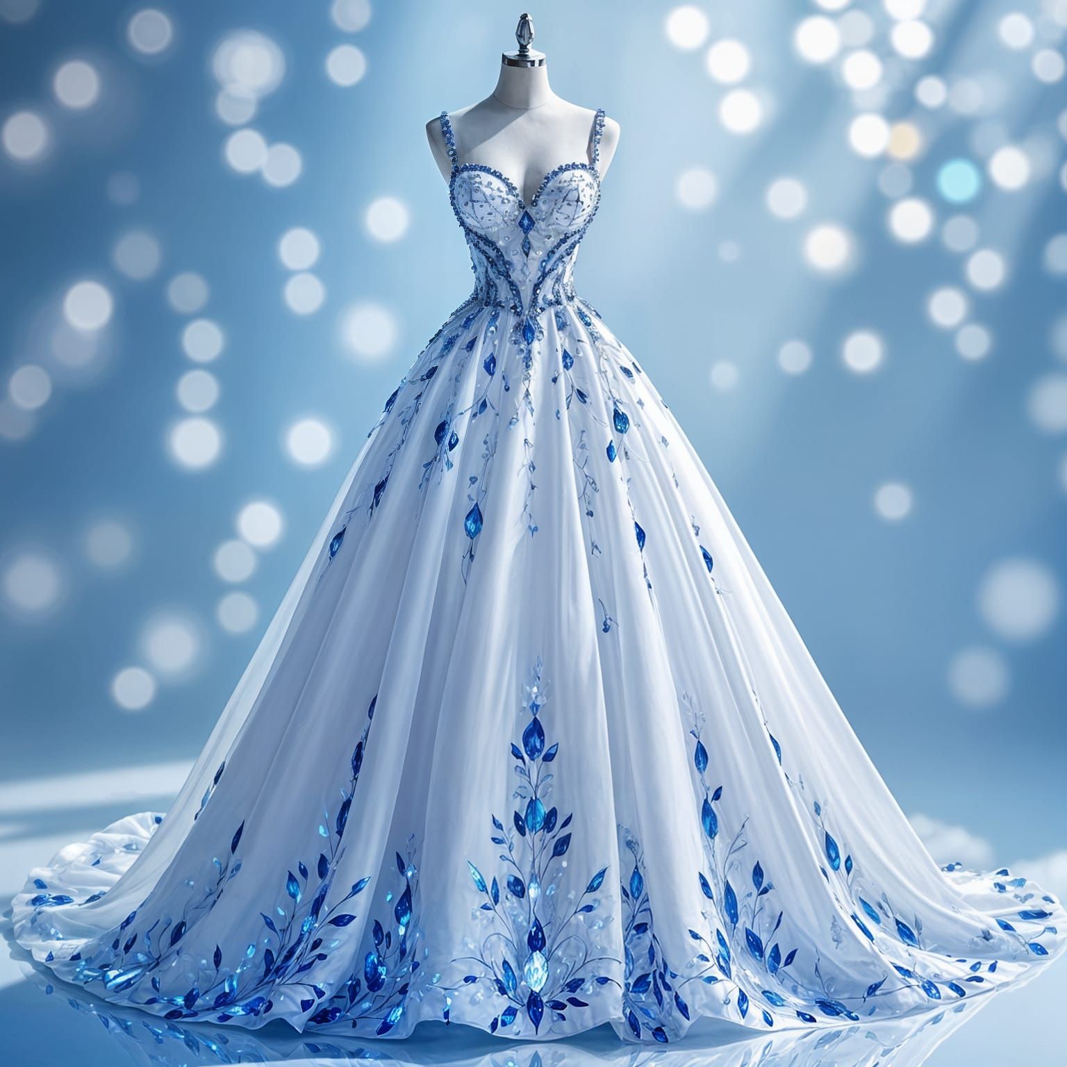 Stunning White Ball Gown with Sparkling Blue Crystal Beads
