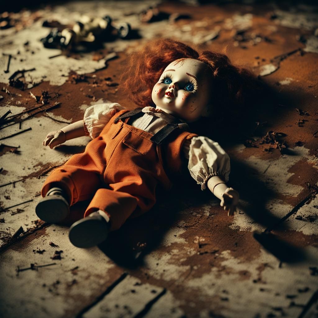 Eerie Old Doll in Abandoned Setting: Cinematic Film Still