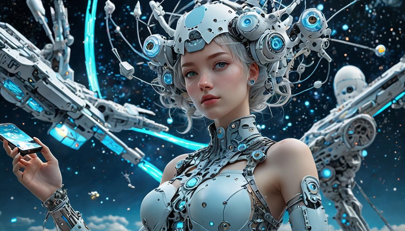 Anime Cyborg Girl in Bioluminescent Clouds