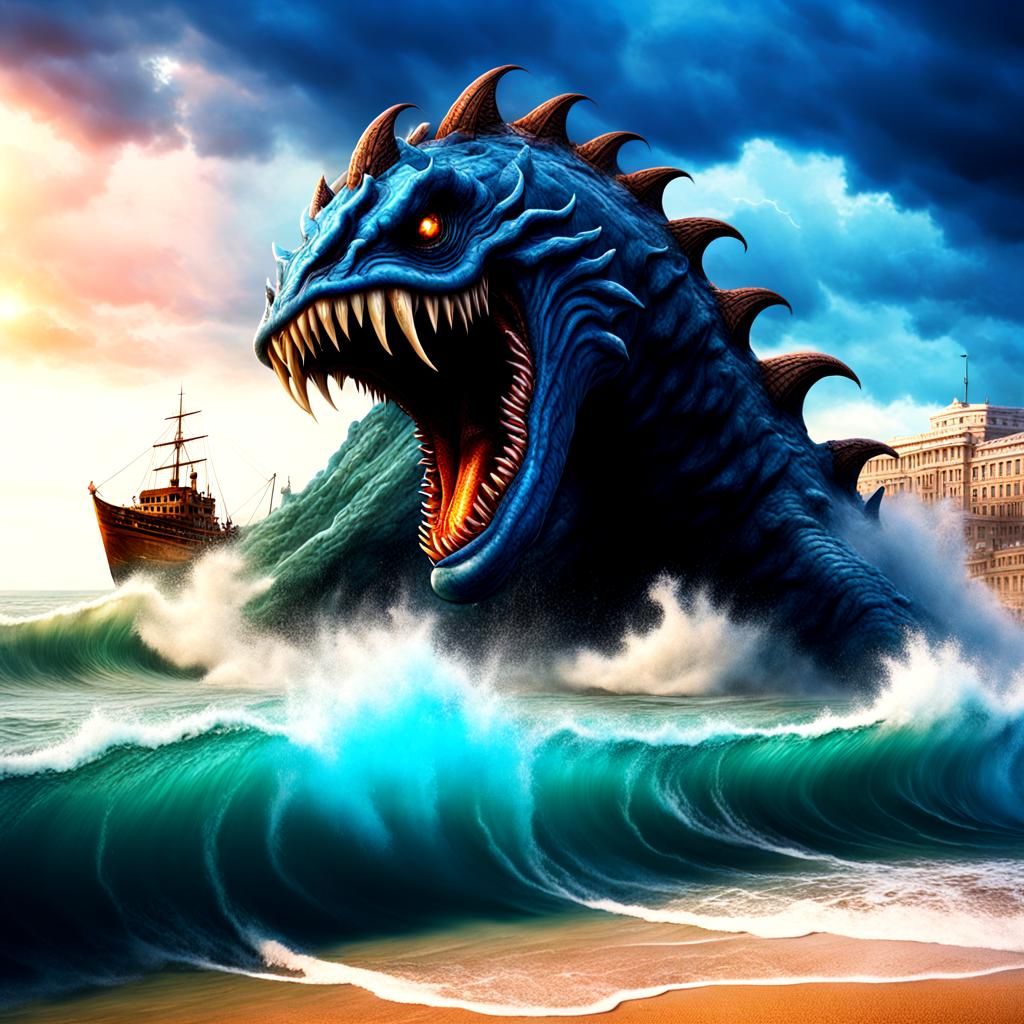 Giant Sea monster on the beach emerging from the Waves giant rainstorm thunderstorm ⛈️