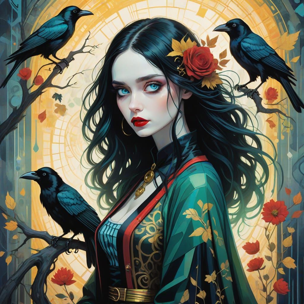 Gothic Woman with Crow in Burton and Van Gogh Style