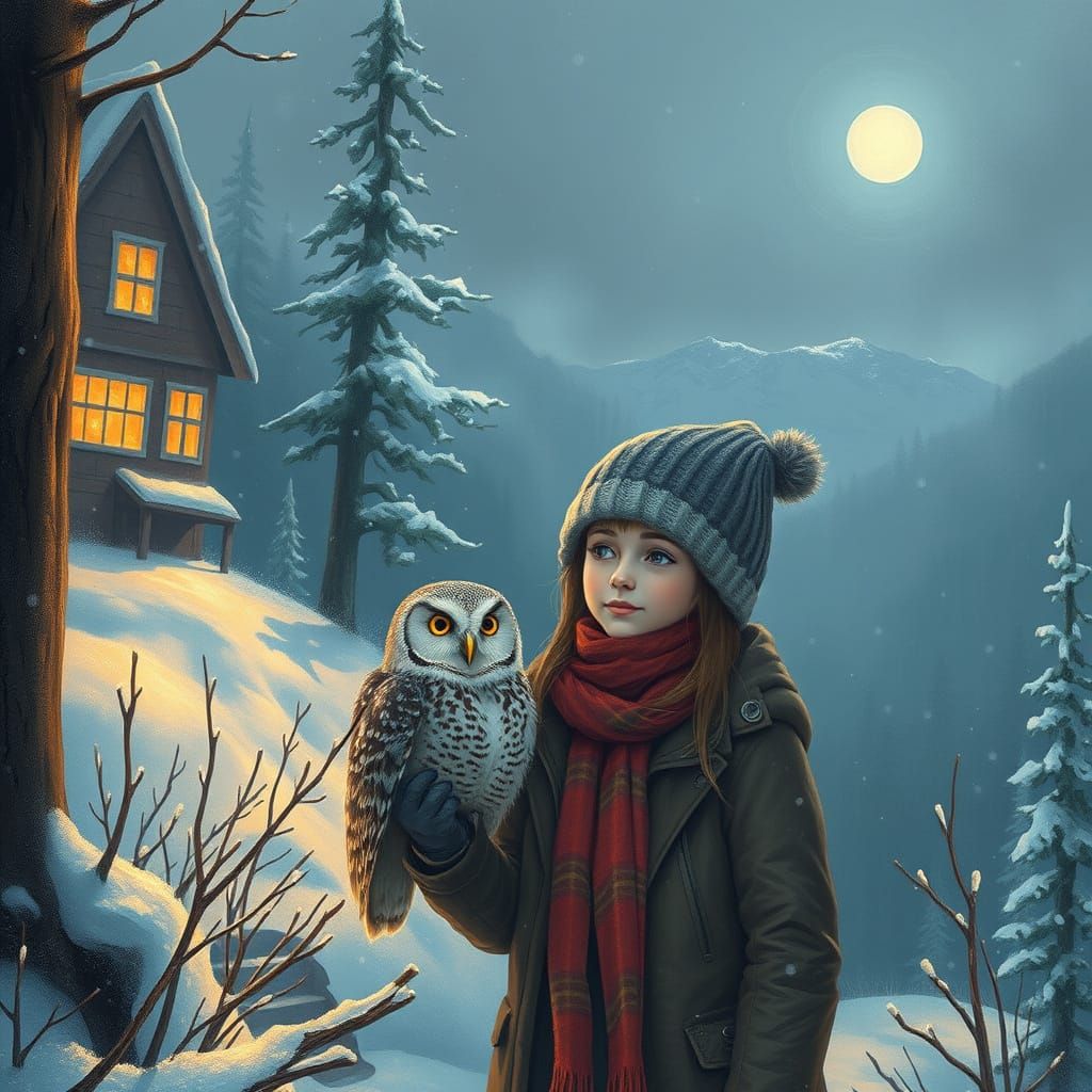 Girl with Owl in Winter Landscape
