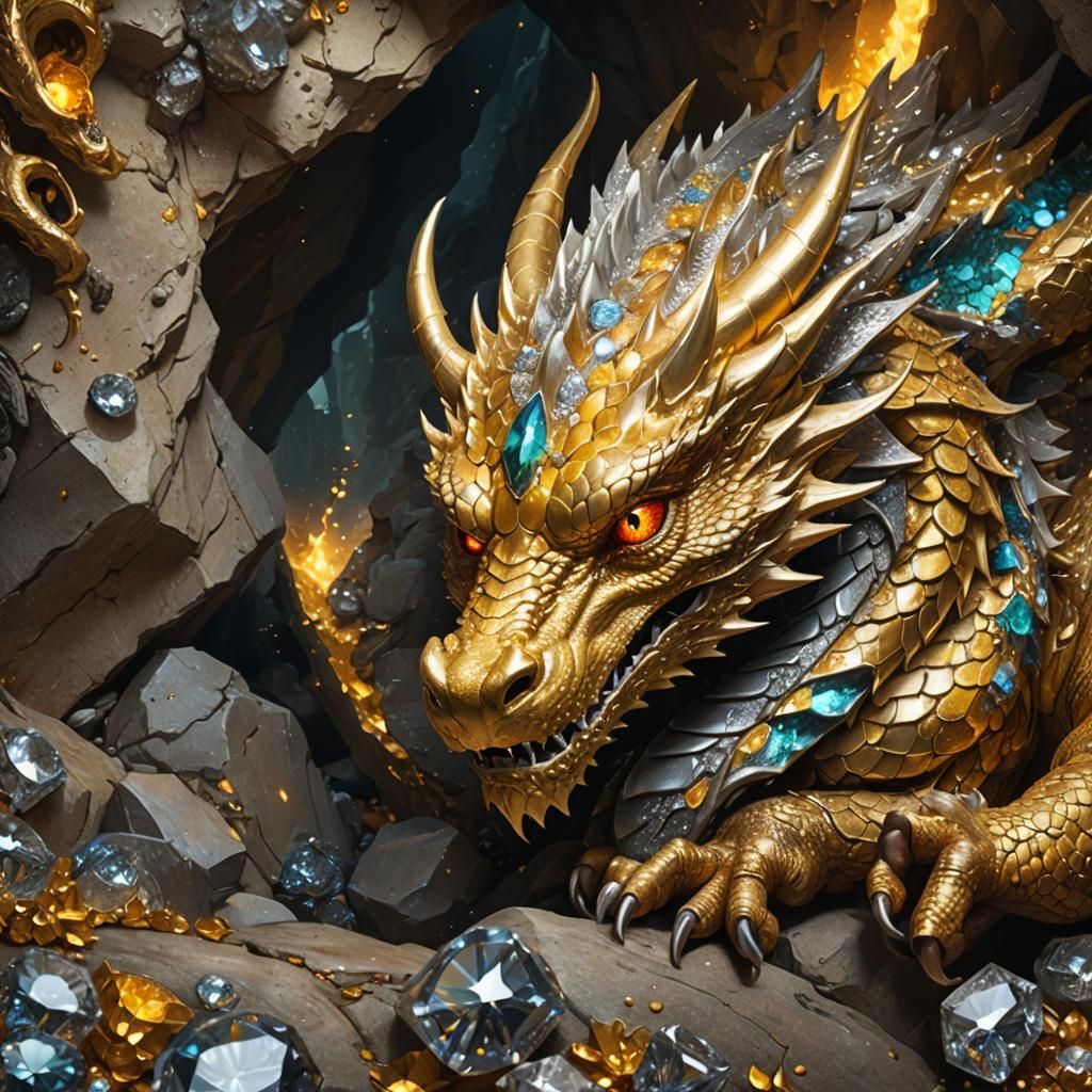 Hyperrealistic Gold and Diamond Dragon in Diamond Cave
