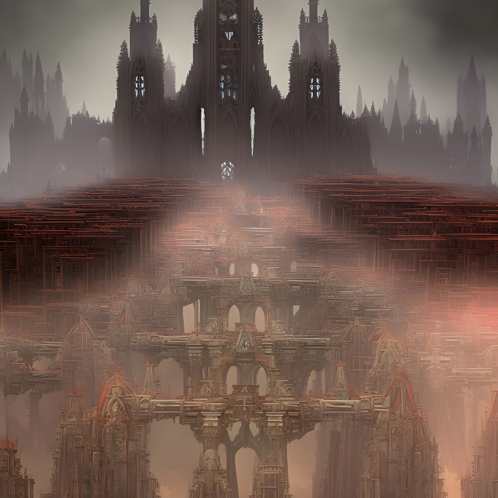 Biomechanical Cathedral Shrouded in Fog