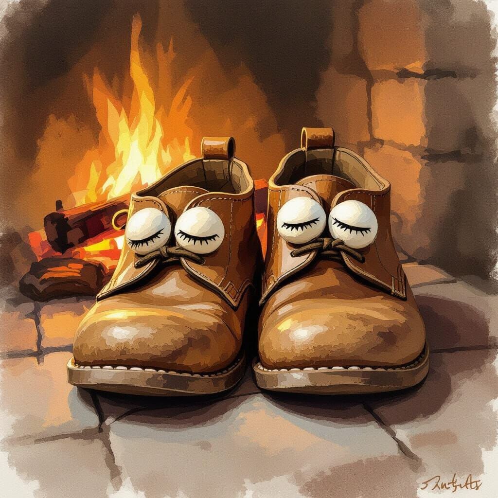 Cozy Old Shoes Rest by Fireplace in Children's Book Style