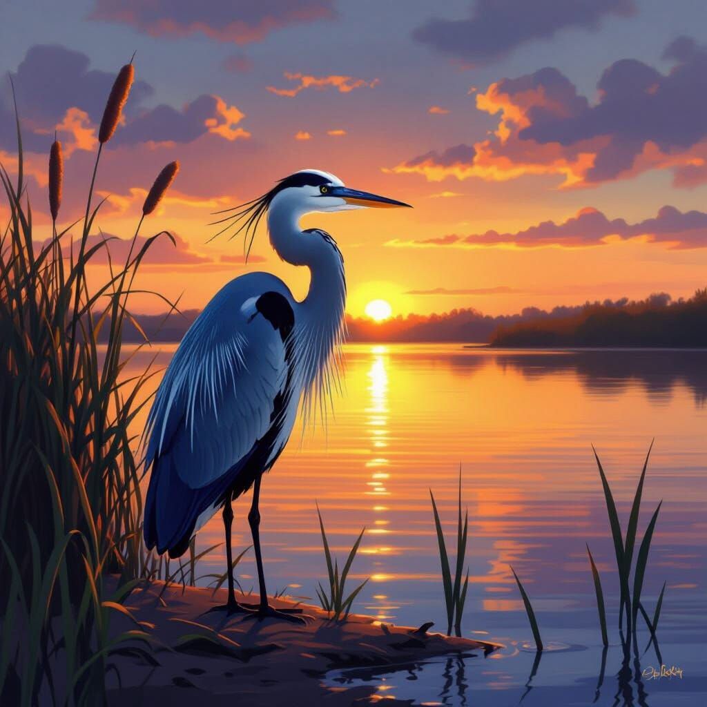Great Blue Heron at Sunset on Lake Shore