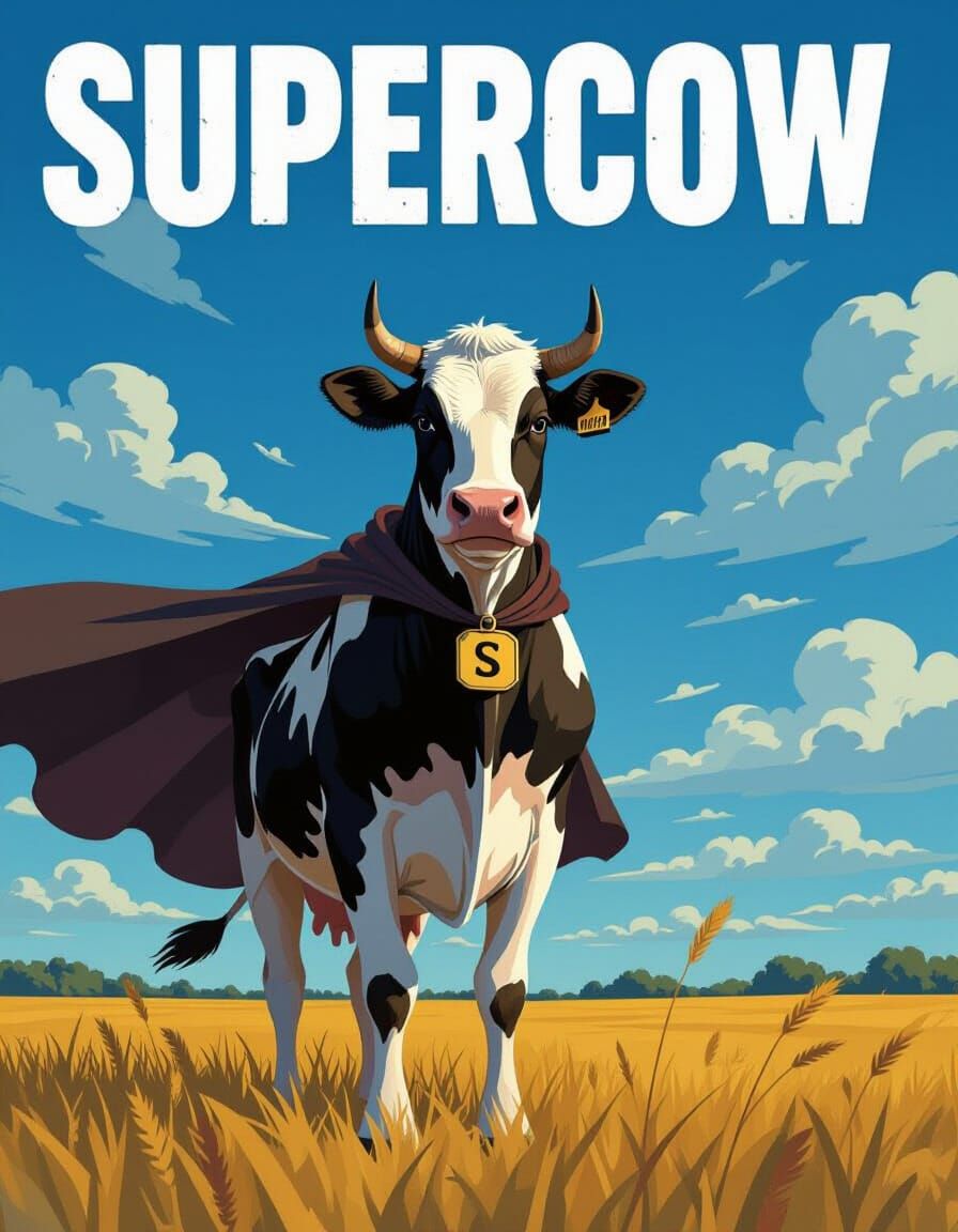 Supercow: Brutalist Propaganda Image of a Bovine Avenger