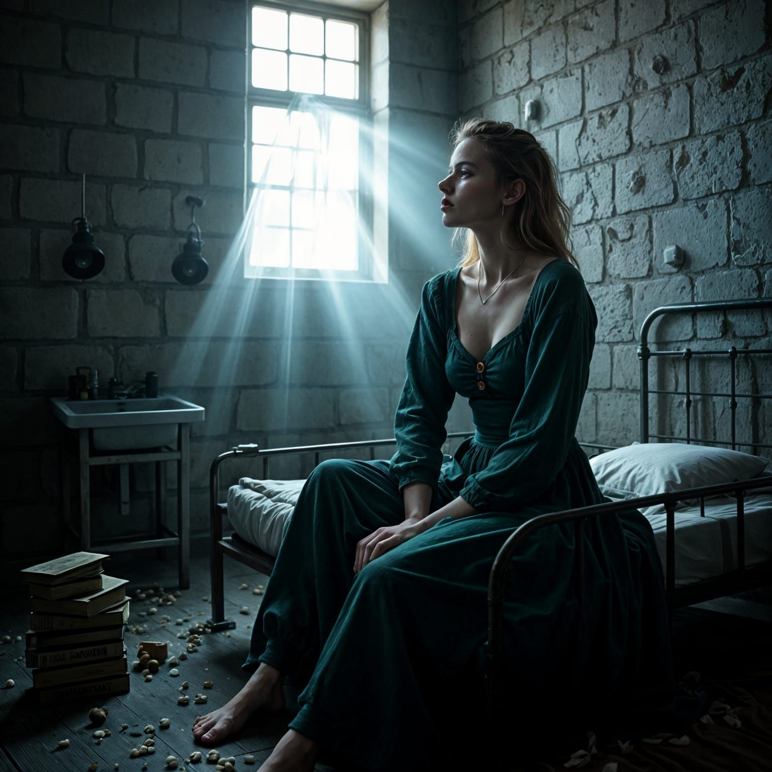 Prison Cell in a Deserted Landscapes with a Young Woman Lost...
