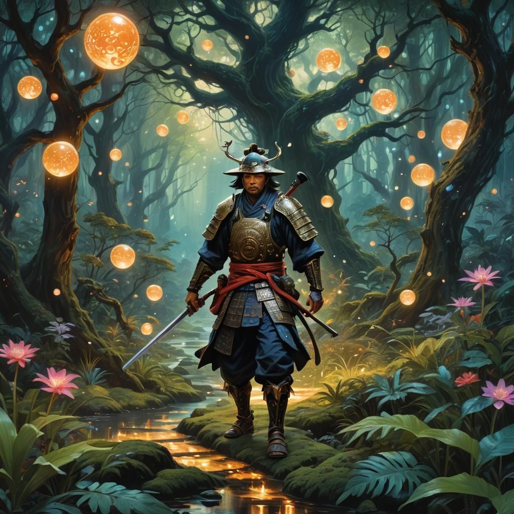 Samurai in Mystical Forest: An Astral Illustration