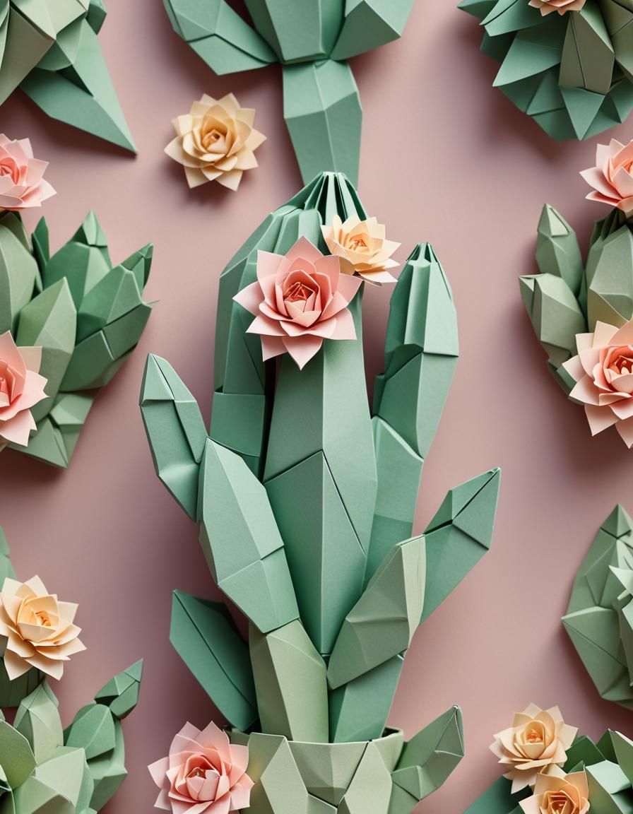 Origami Cactus Sculpture with Blooming Flower