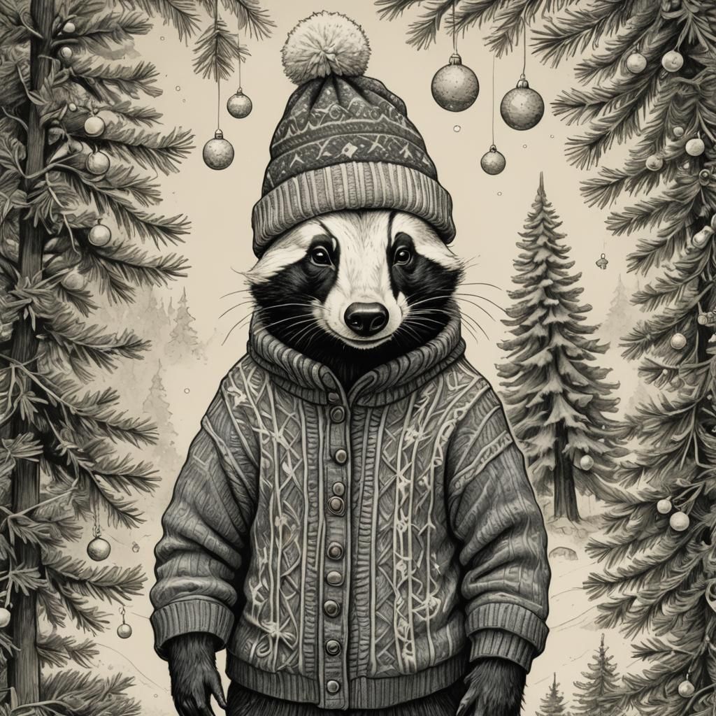 Festive Christmas Badger in Winsor McCay Style