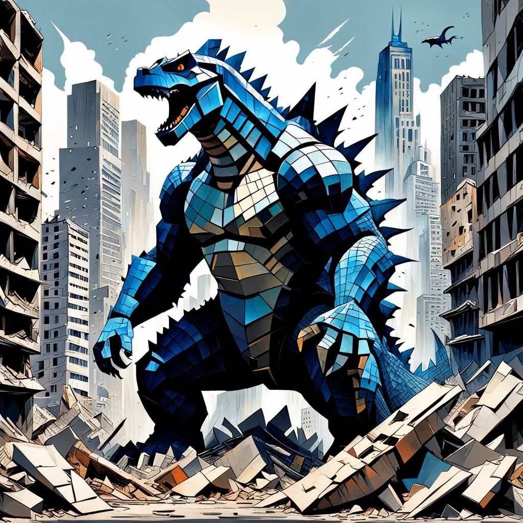 Cubist Godzilla: King of the Monsters in Cityscape