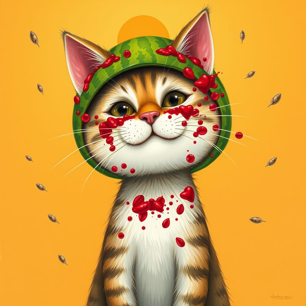 Mischievous Cat in Vibrant Watermelon Helmet