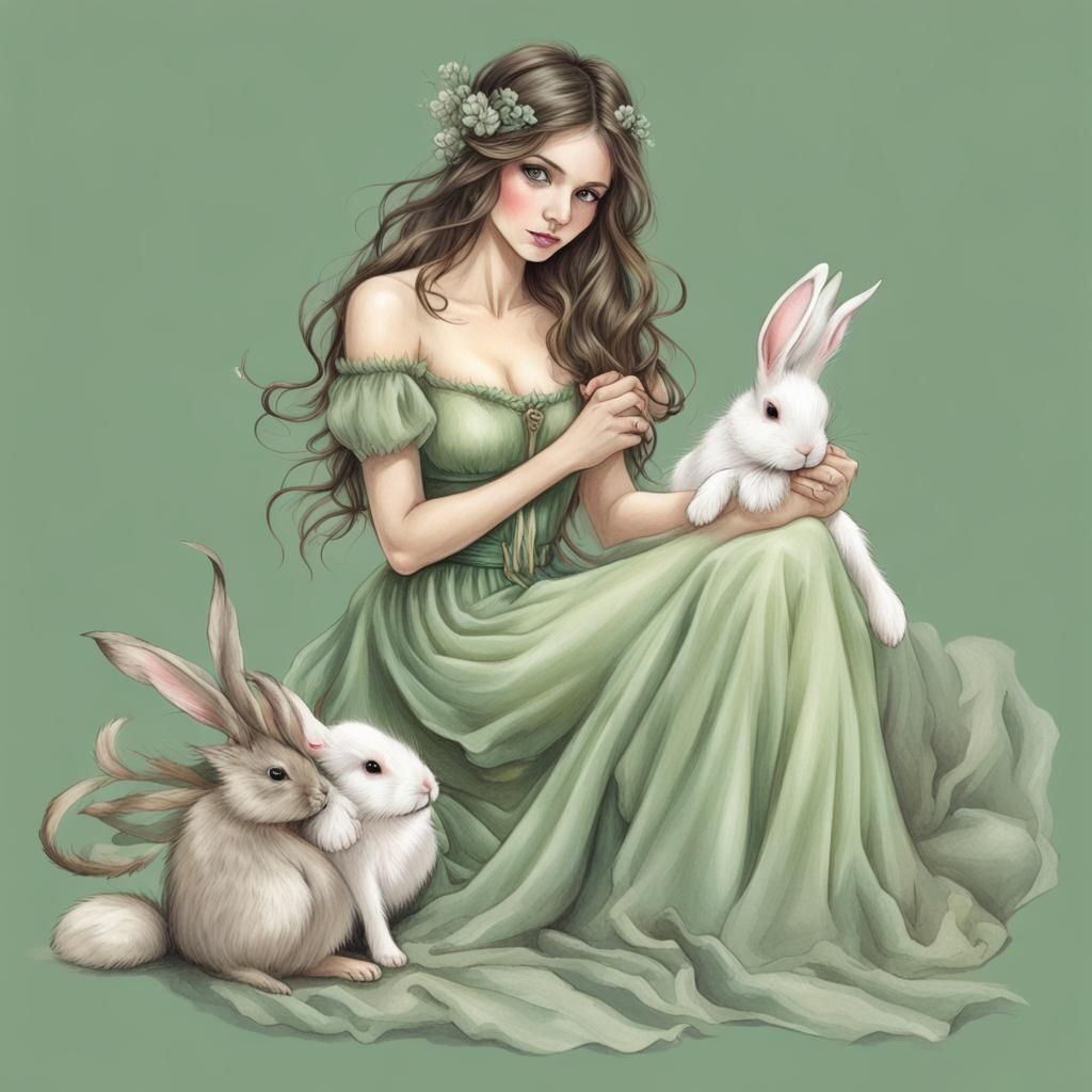 Fairy Woman with Bunny in Realistic Style