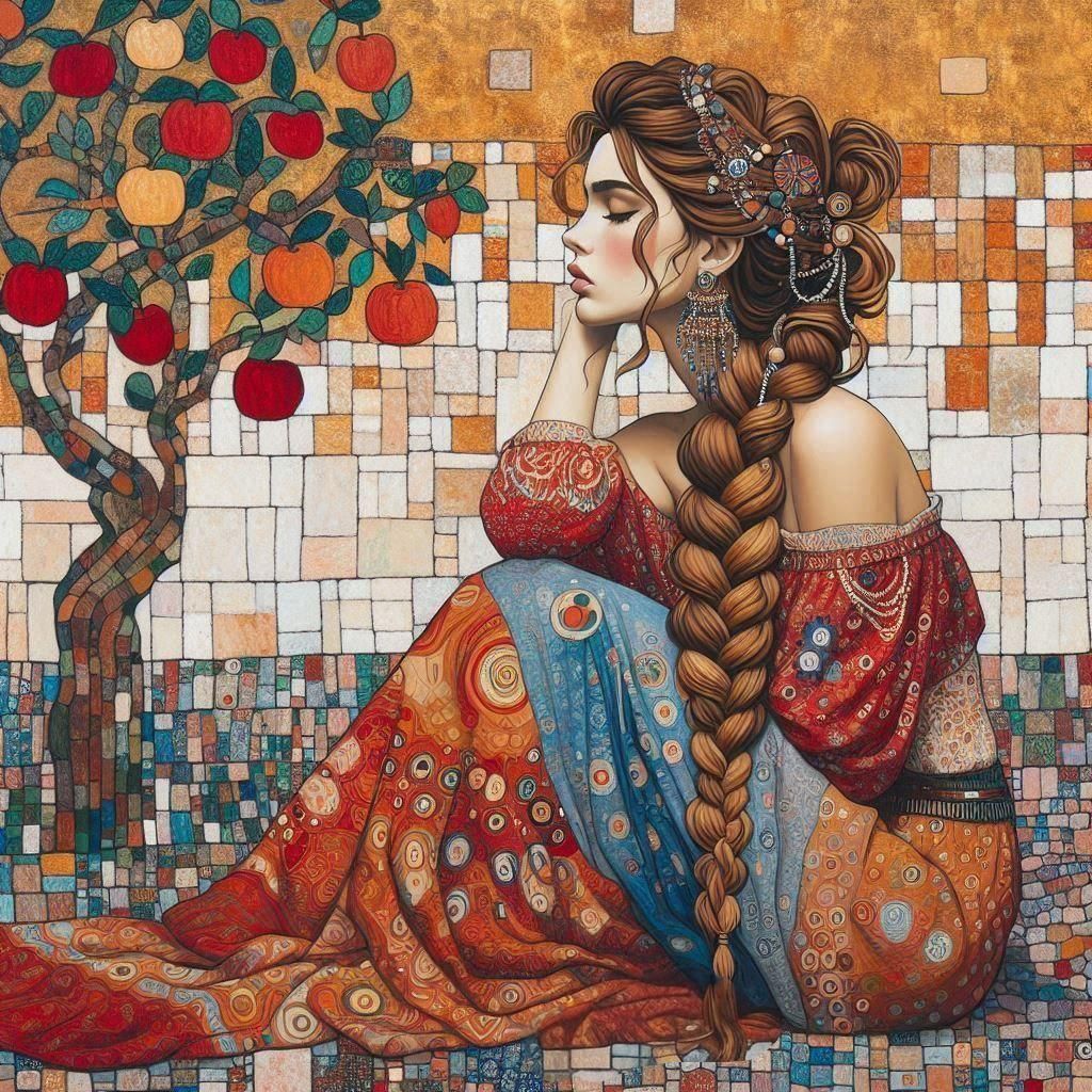 a work of art in the Gustav Klimt style, "stunning Woman, Ca...