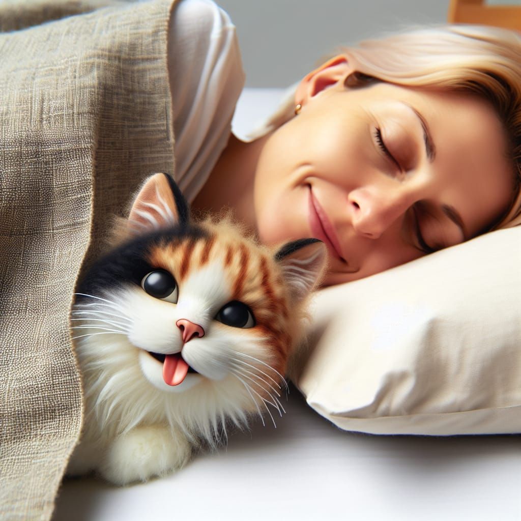 Woman Sleeps Peacefully Beside Comical Cat About to Cough Ha...