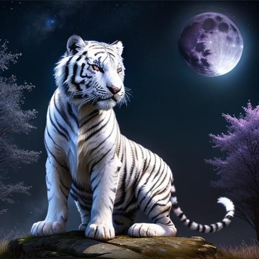 Fantasy White Tiger Under Starry Moonlit Sky