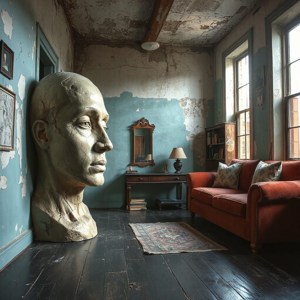 Surreal Interior With Cracked Face Sculpture