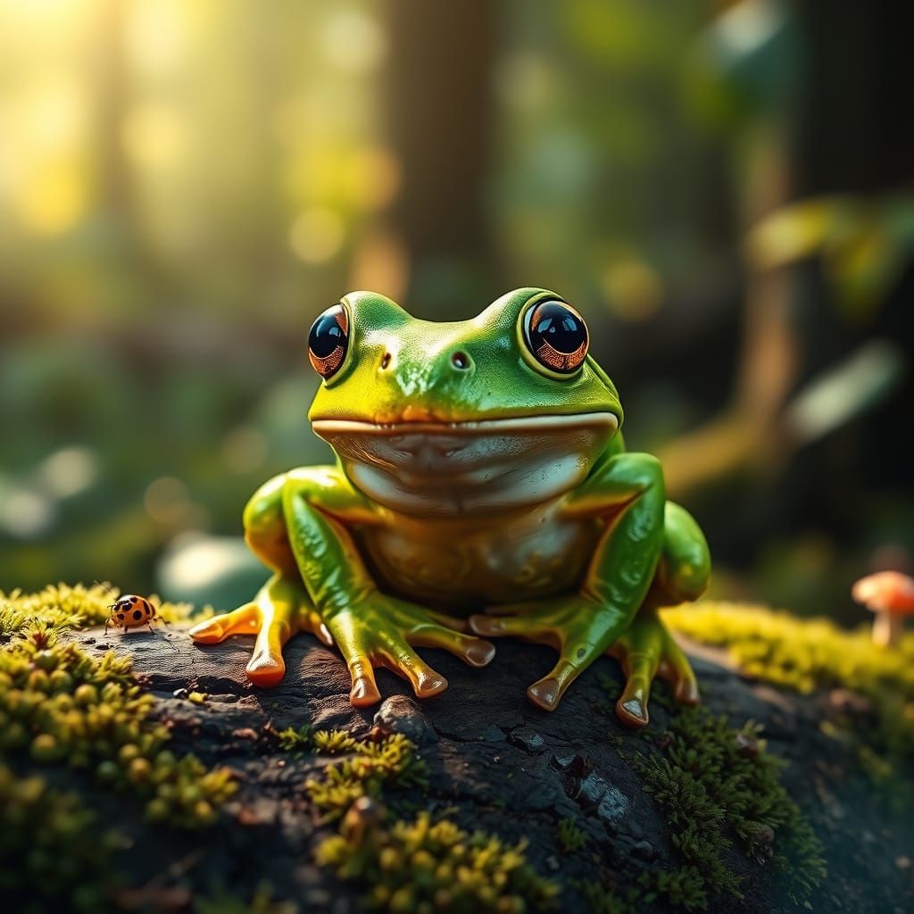Startled Frog Mid-Leap in Detailed Forest Scene