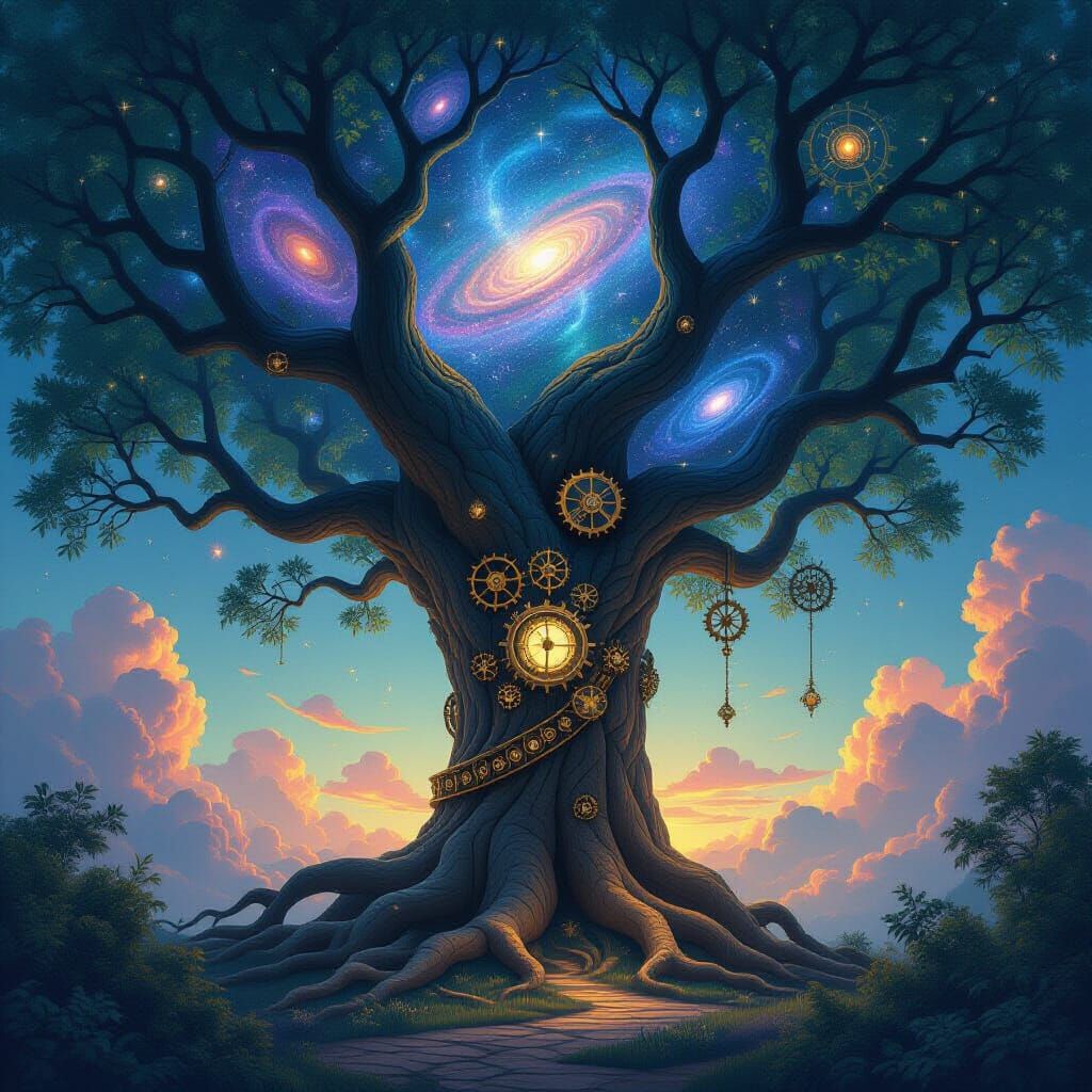Ancient Cosmic Tree with Celestial Branches