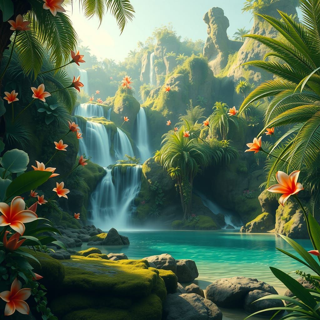 Lush Jungle Waterfalls in Frutiger Aero Style