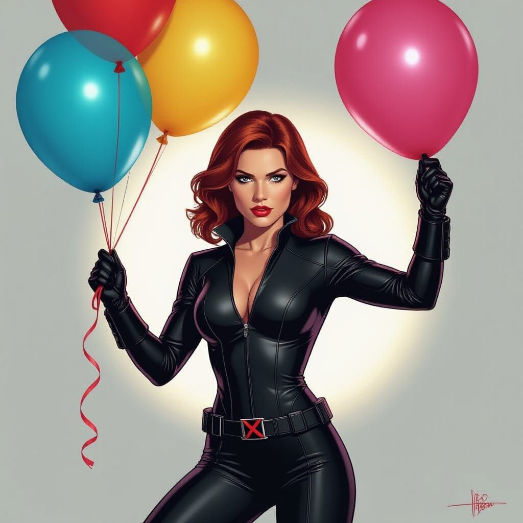 Black Widow Ready to Pop a Balloon