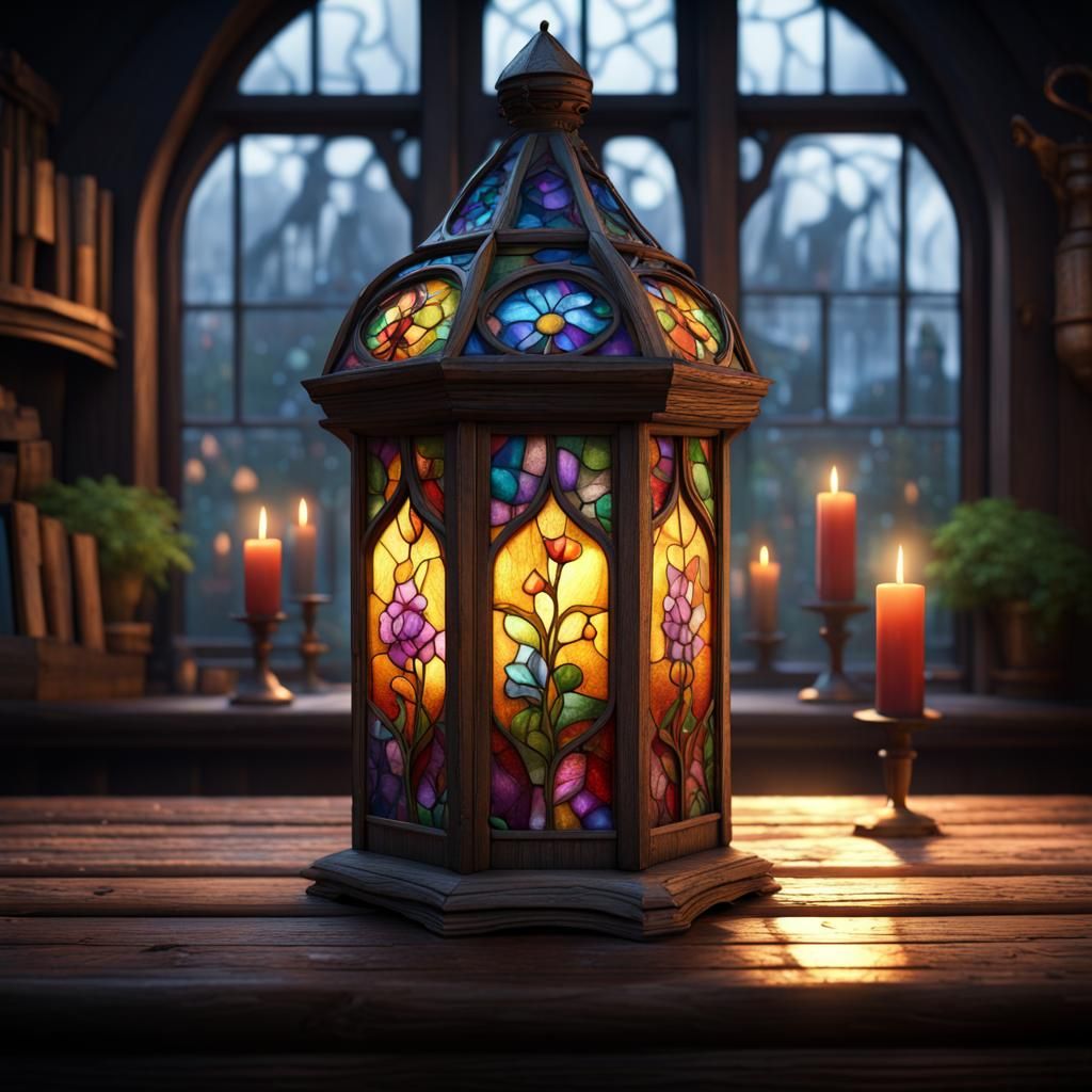 Floral Stained Glass Lantern on Rainy Street
