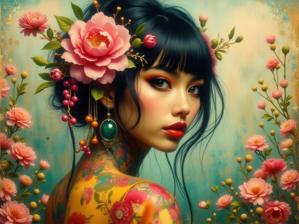 Fading Woman in Dreamy Art Nouveau Landscape