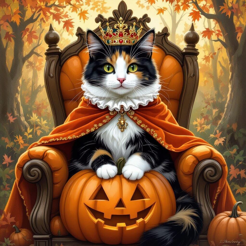 Calico Cat as Pumpkin Princess in Autumn Forest