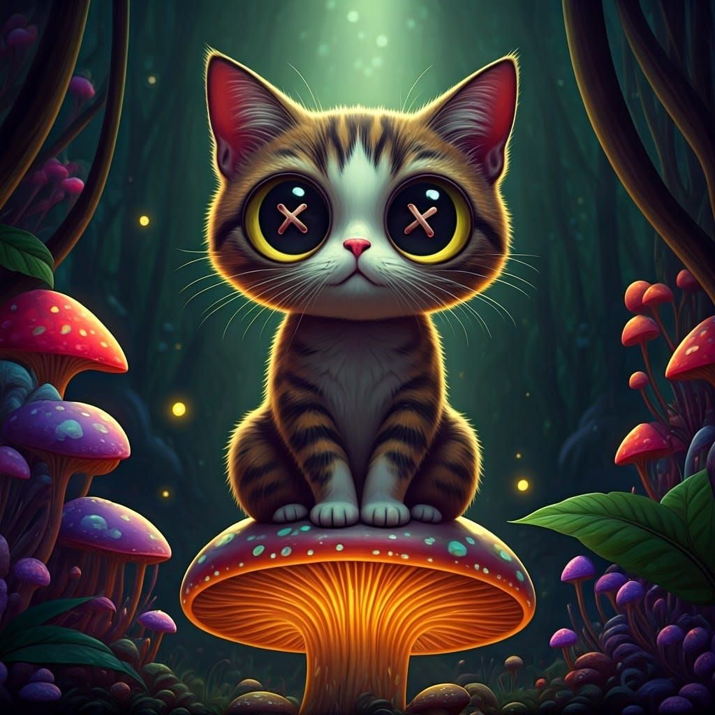 Kawaii Cat on Iridescent Mushroom in Mystical Forest