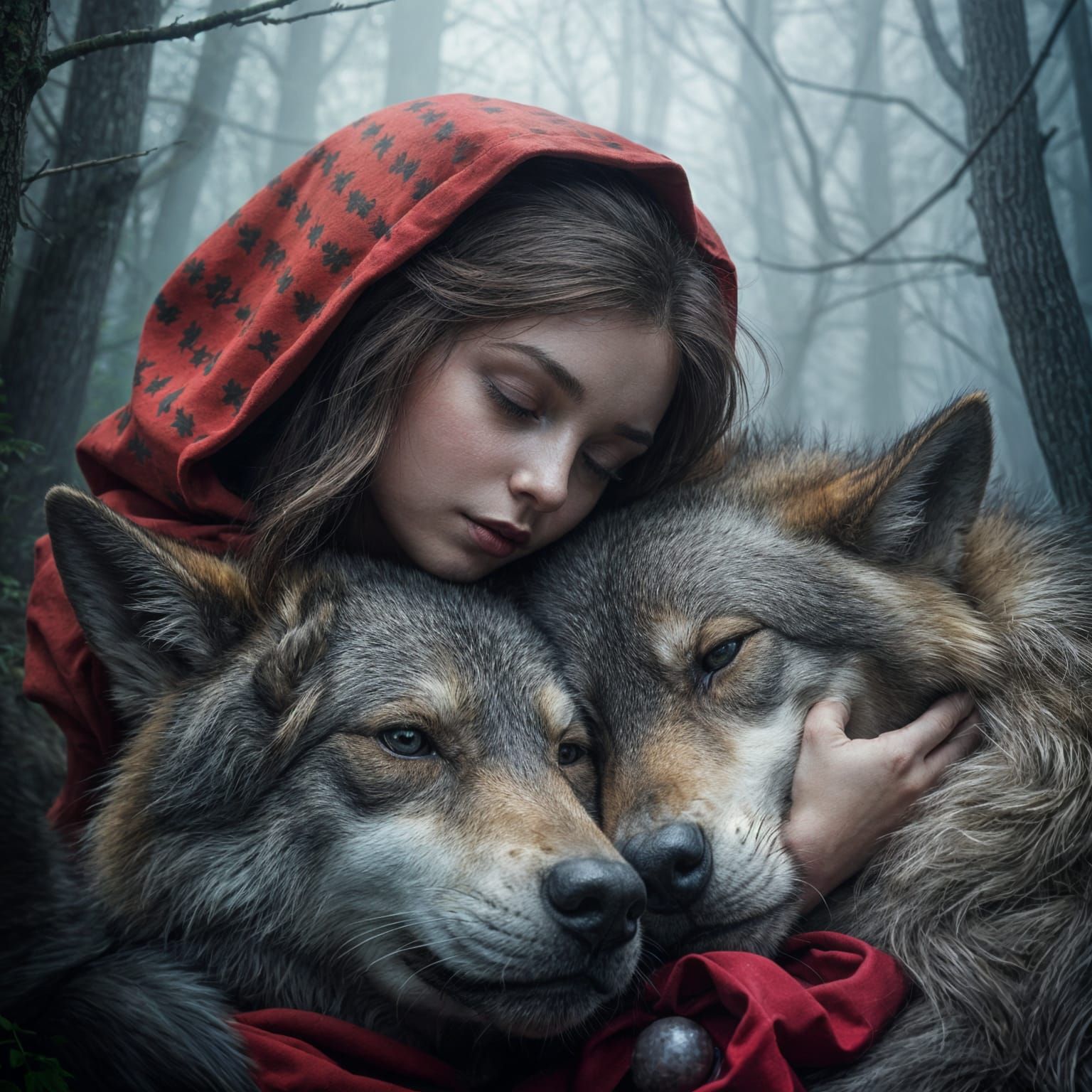 Little Red Riding Hood Sleeps with Wolf in Foggy Forest