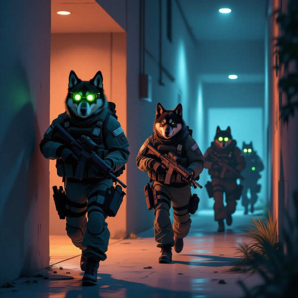 Stealthy Dogs in Tactical Gear Enter Dark Building