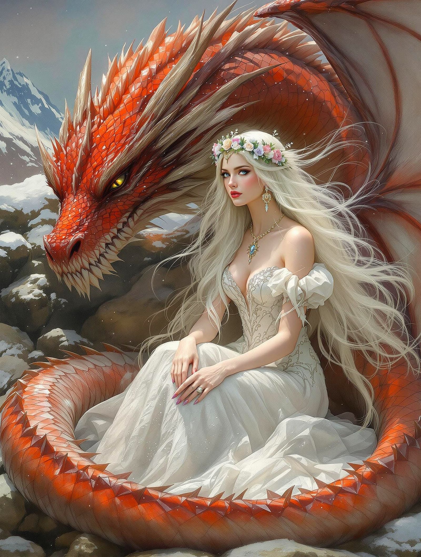 Ethereal Woman and Dragon in Fantasy Oil Painting Style