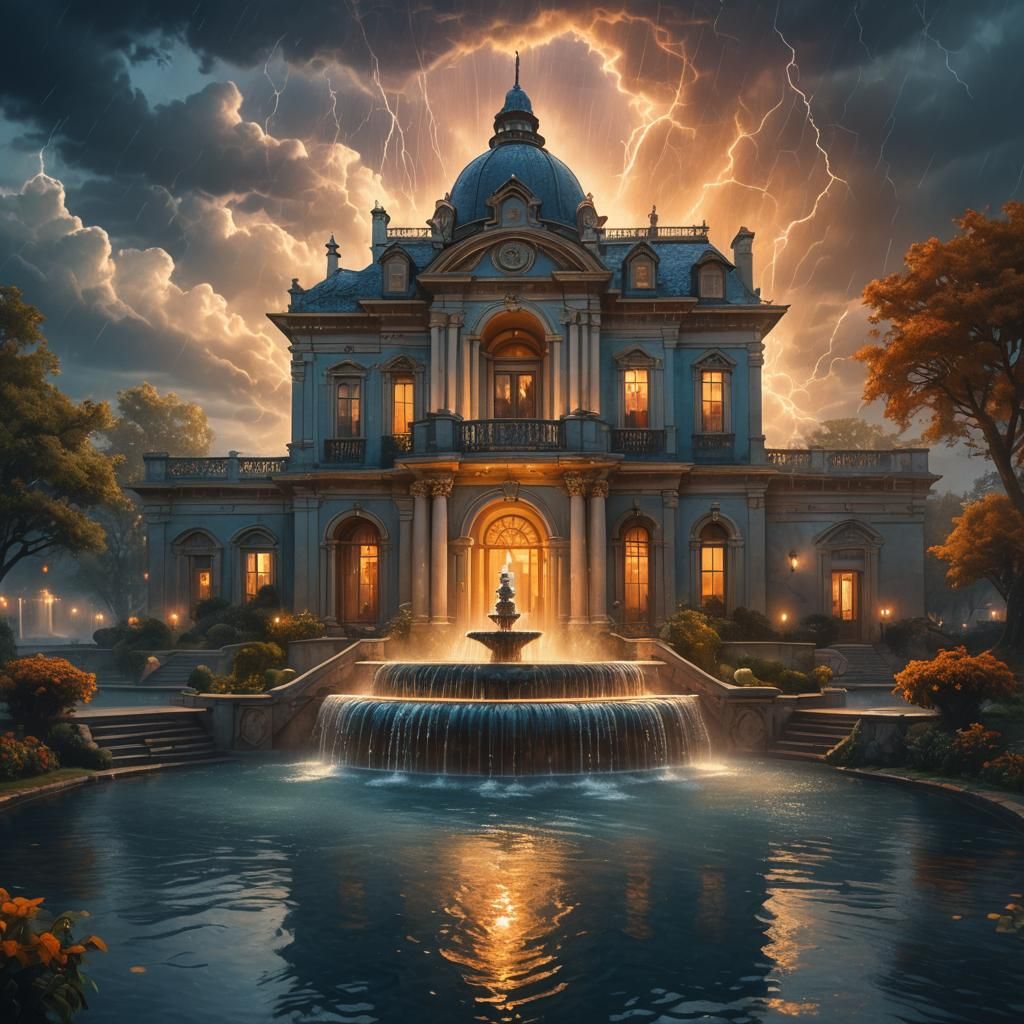 Magical Realism: Stormy House at the Fountain