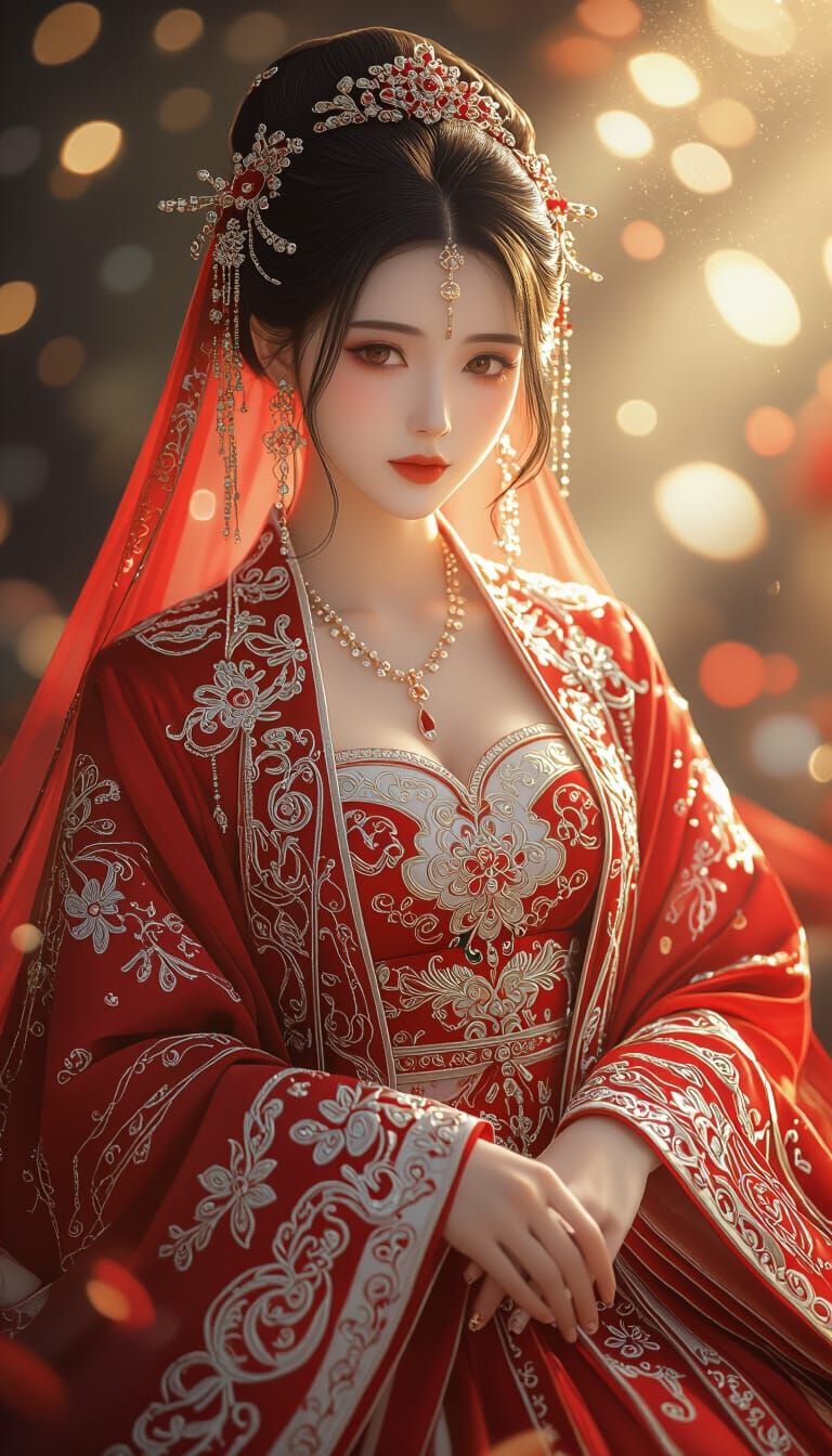 Elegant Chinese Bride in Red, Anime Style