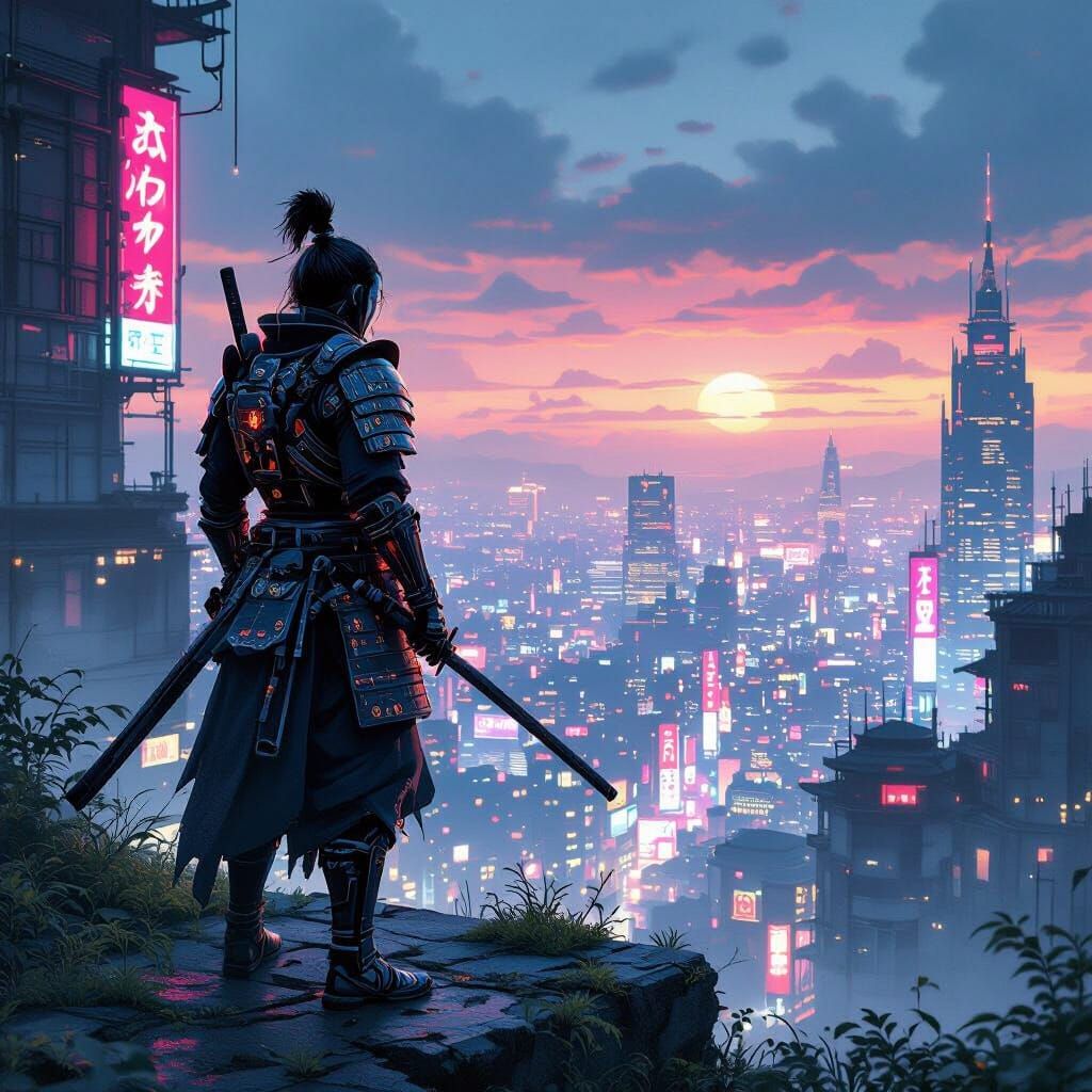 Cyberpunk Samurai Overlooks Neon City in Twilight