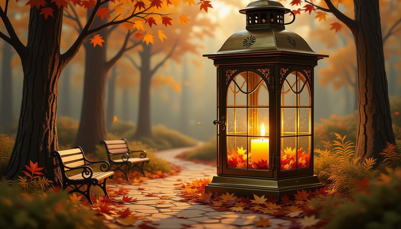 Whimsical Autumn Forest Inside Brass Lantern