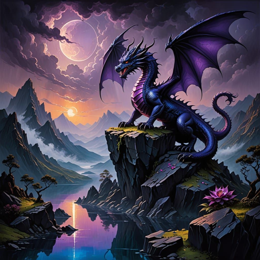 Purple Dragon on Mountain Peak Oil Painting