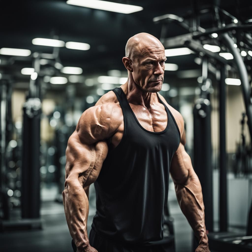 Extremely Muscular Bald Man at the Gym