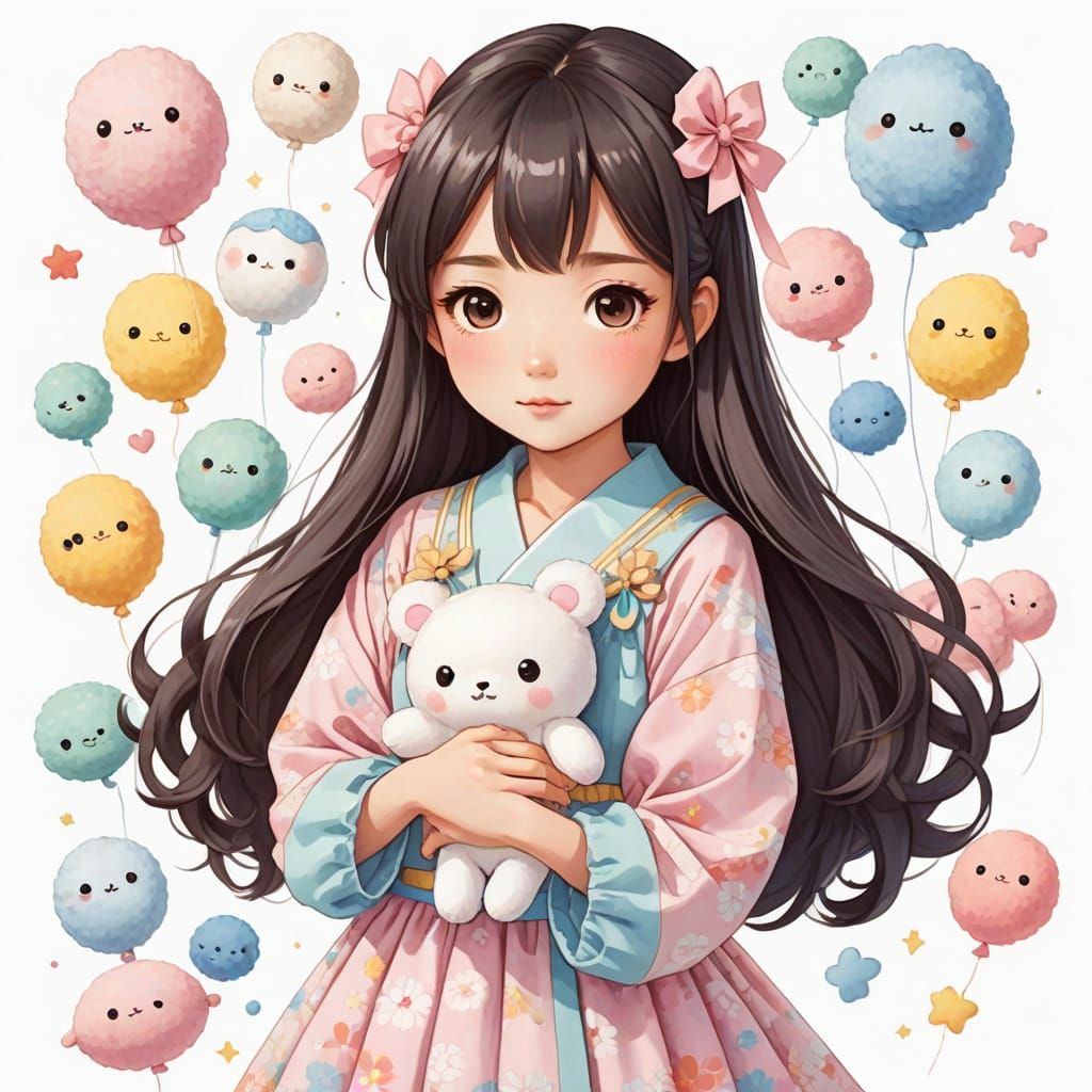Anime Woman with Plushie in Kawaii Style