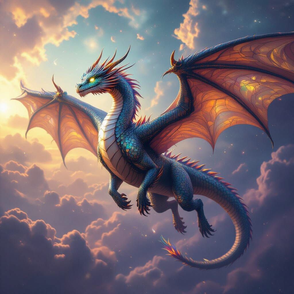 Iridescent Dragon Soaring Through Nebula Sky