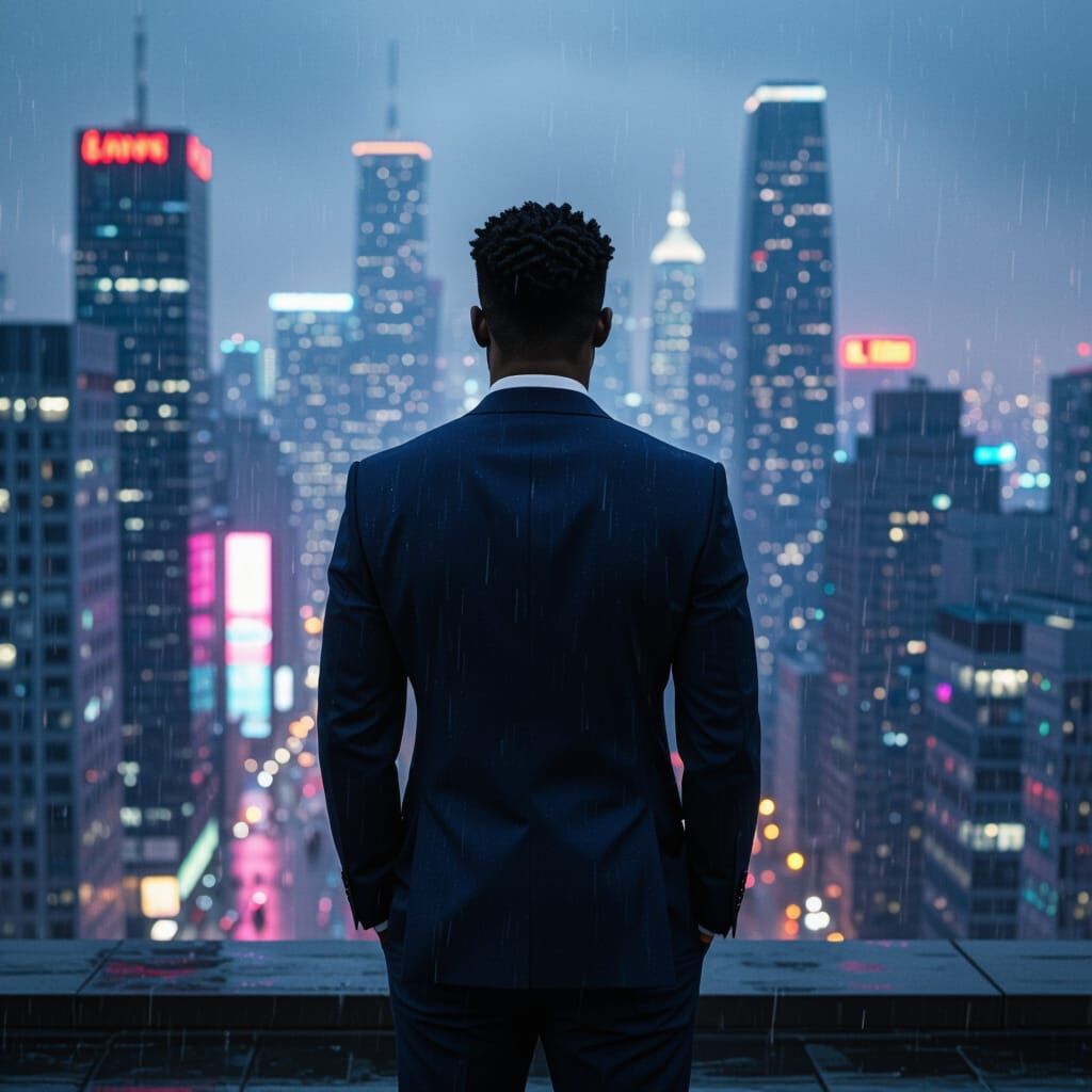 Neon Cityscape: African American Man in Futuristic Style