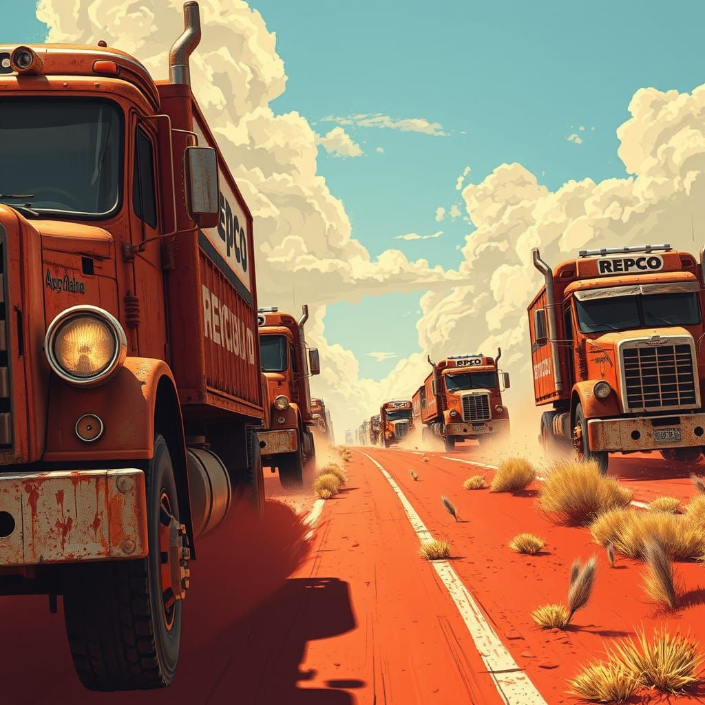 Rusty Repco Trucks Speed Down Australian Outback Highway