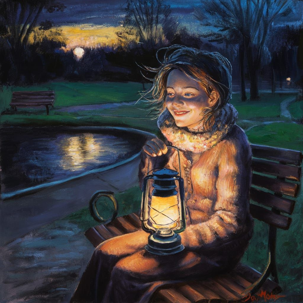 Woman's Serene Lantern Glow at Twilight
